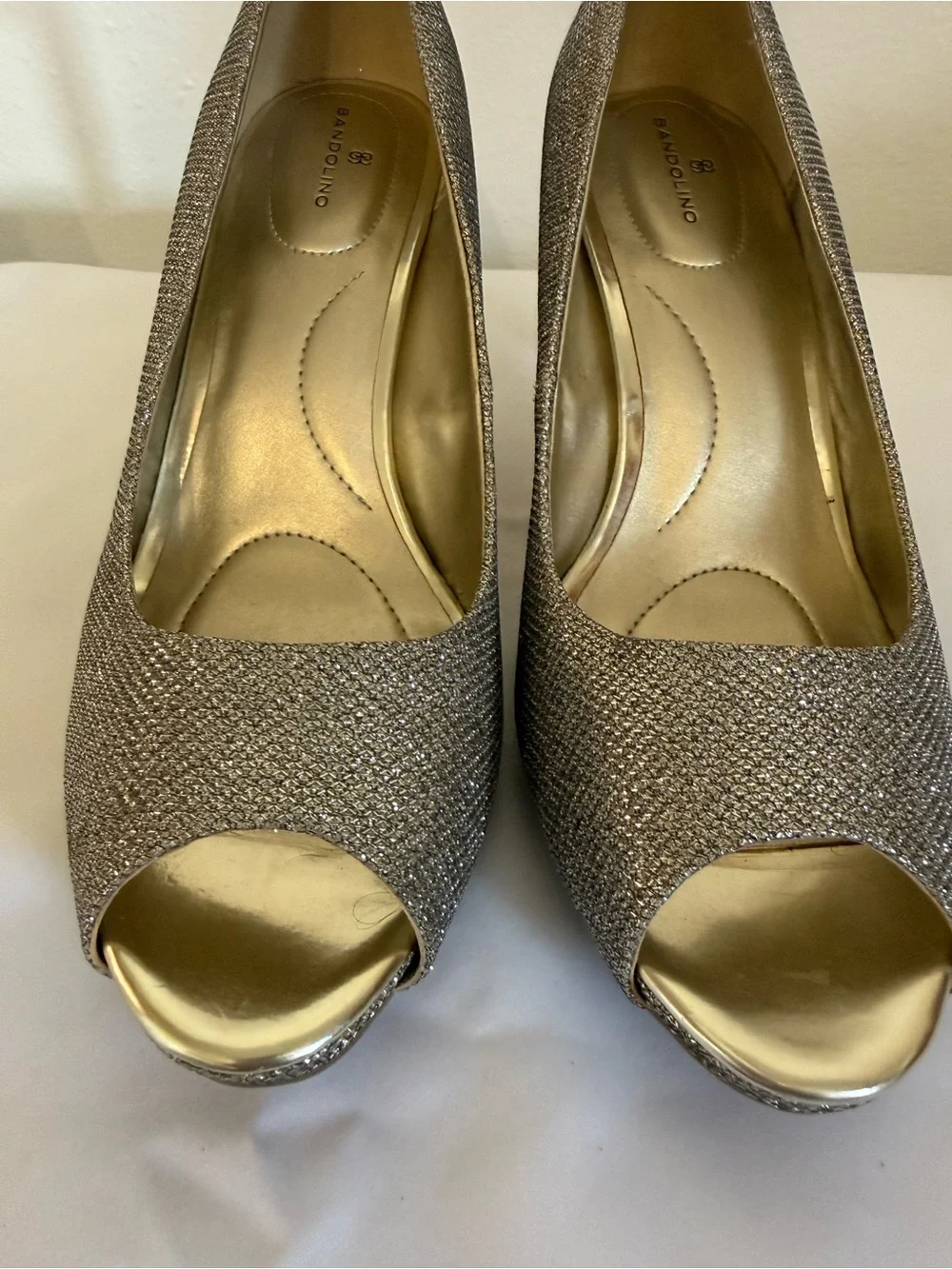 Bandolino Silver Glitter Peep-Toe Stiletto Heels, available in size 9 wide.